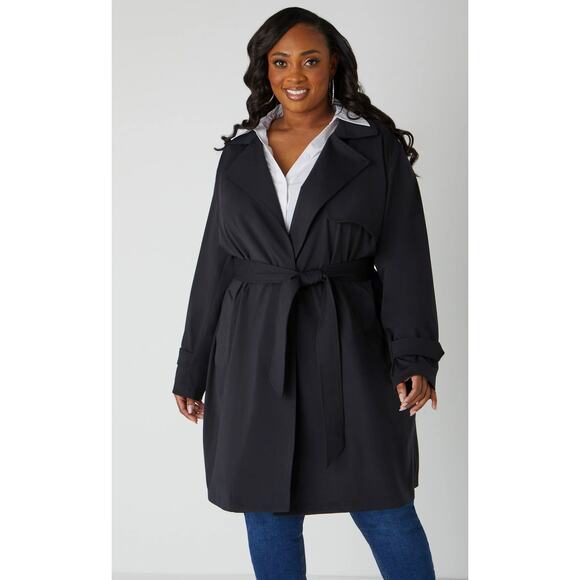 PLUS Size 22/24 3X | Women’s Black Stretch Twill Belted Trench Coat | NWT - Picture 1 of 6